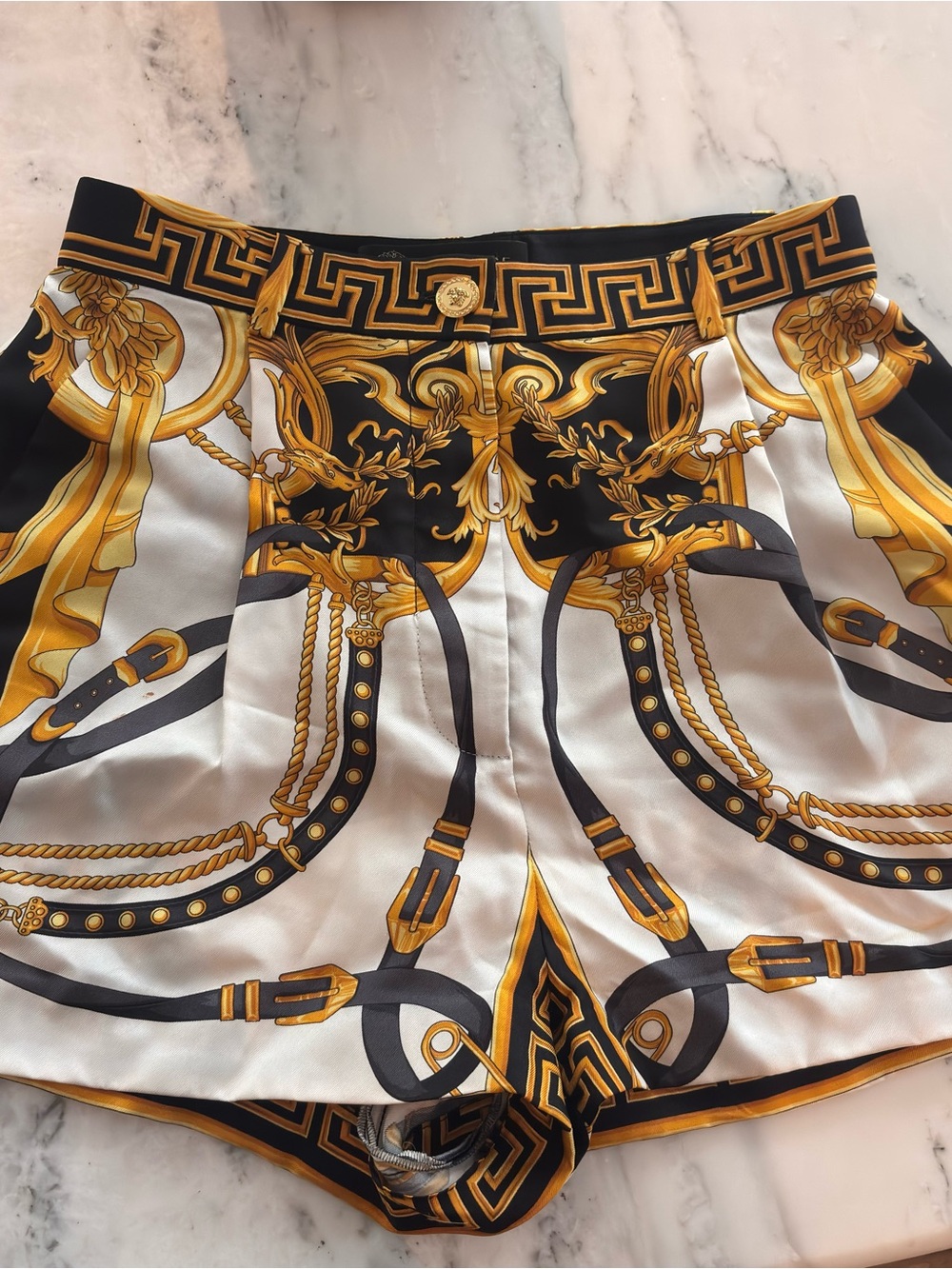 Versace Black and Gold Baroque Silk Shorts